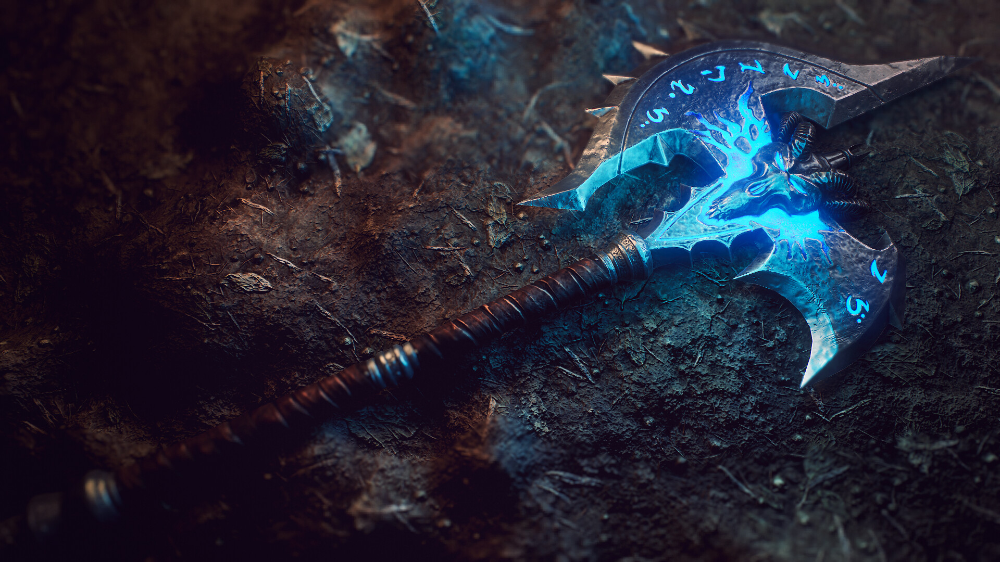 A runed battle axe with glowing blue engravings lying on dark earth